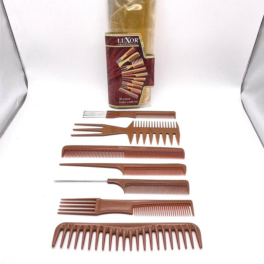 Vtg Luxor Bone Comb Kit Picks Brown w/ Storage Case *Missing 3* (Not Real Bones)